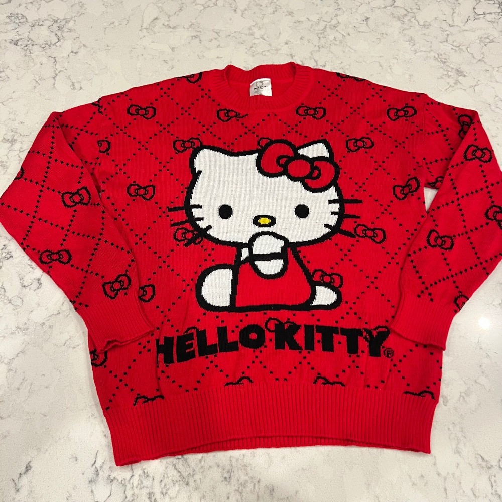 Hello Kitty Sweater Red Bows Pattern‎ Knit Graphic Top Small S Sanrio